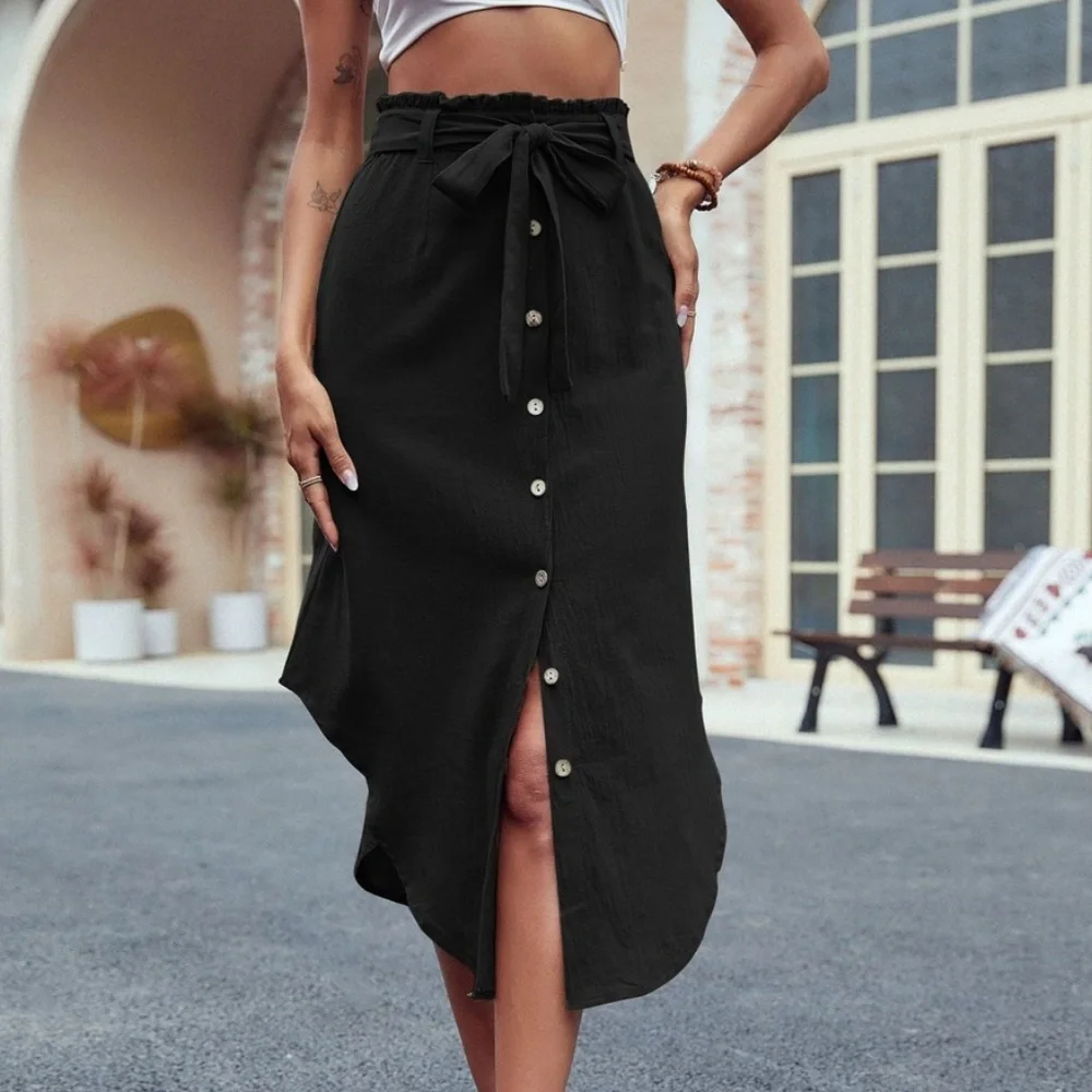 Boho Button up Belted Office Work Skirt - Picture 2 of 10